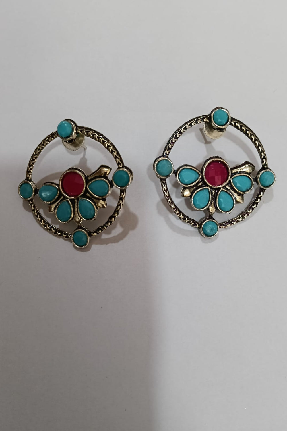 Turquoise Floral Stud Earrings - View 2