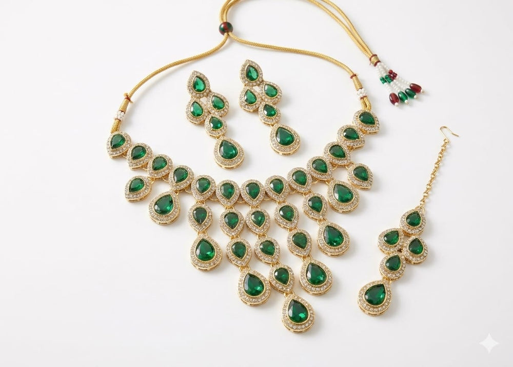 Emerald Green Beaded Necklace Set - View 1