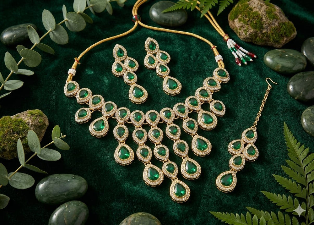Emerald Green Beaded Necklace Set - View 3