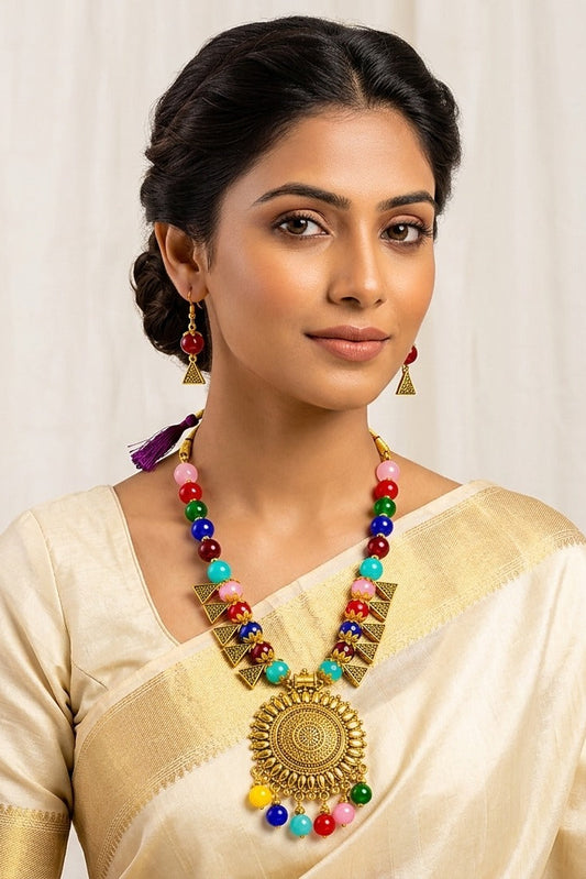 Multicolour Beaded Pendant Necklace Set - View 2