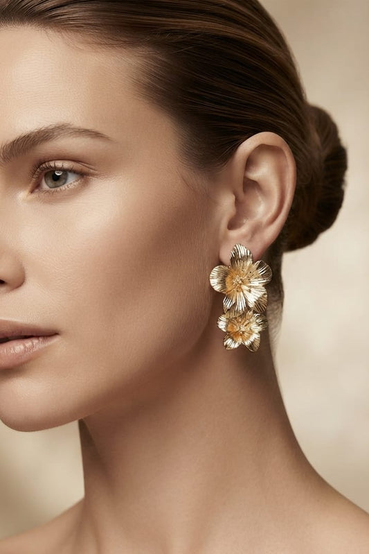 Golden Floral Stud Earrings - View 2
