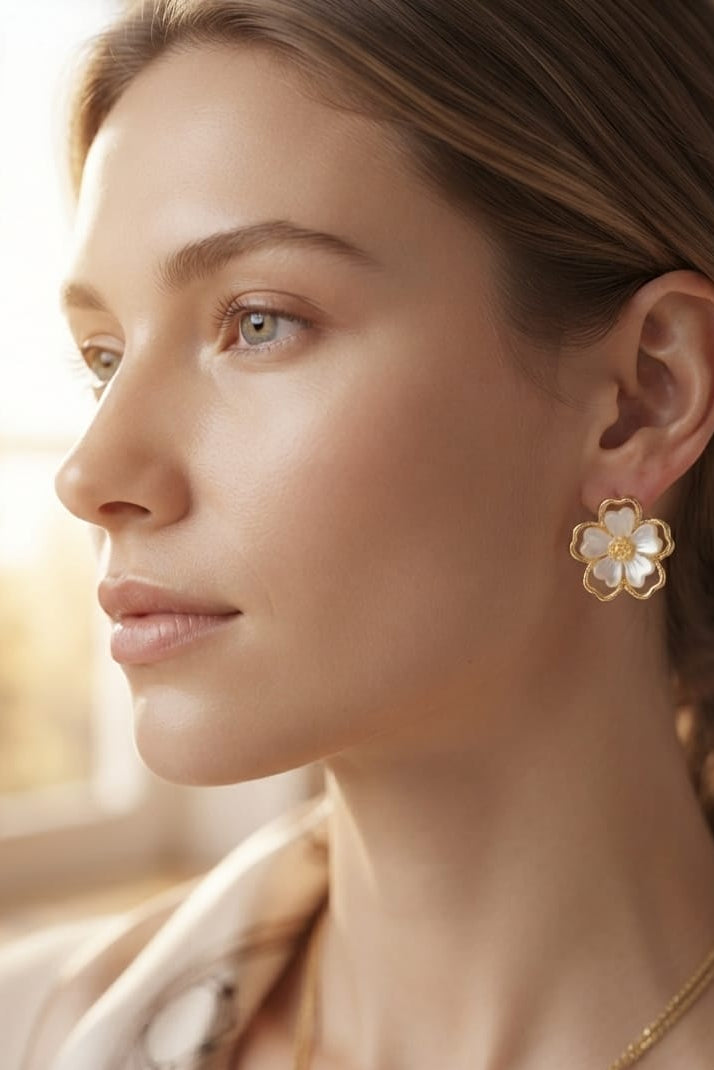 Golden Floral Stud Earrings - View 3