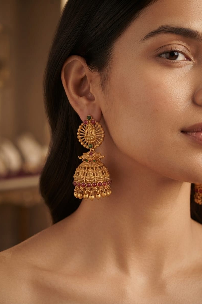 Traditional Gold-Tone Temple Earrings - View 3