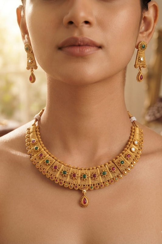 Traditional Gold-Tone Bridal Necklace Set - View 4