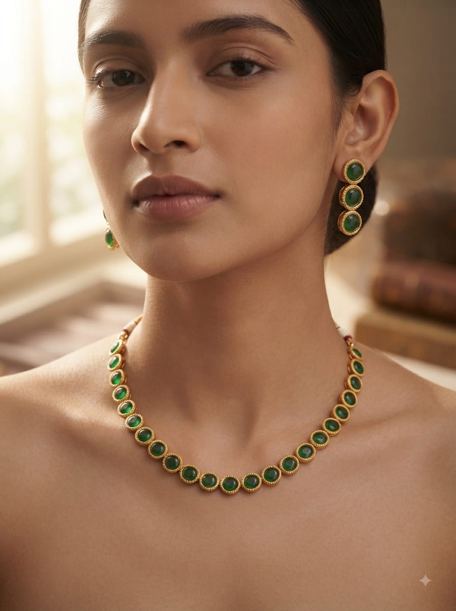 Green Stone Beaded Necklace Set - View 1