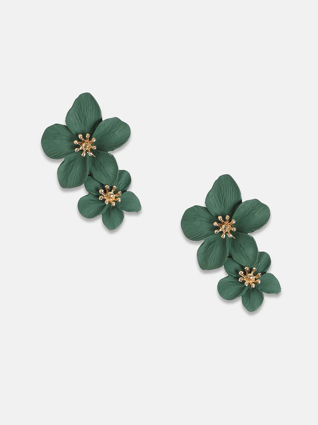Emerald green floral dangle earrings worn on model