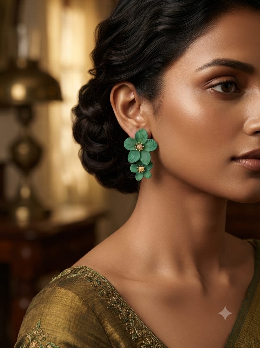 Green floral earrings close-up