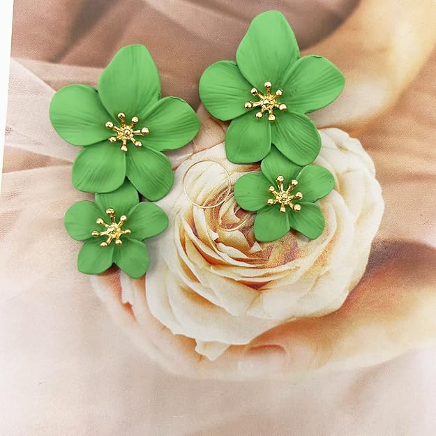Green flower dangle earrings front view
