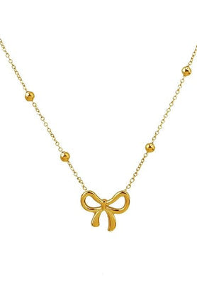 Gold-tone bow pendant necklace with delicate beaded chain