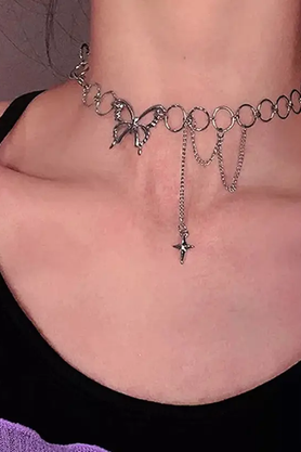 Silver-tone butterfly and star charm chain necklace