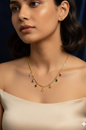 Gold-tone necklace with multicolour square gemstone charms