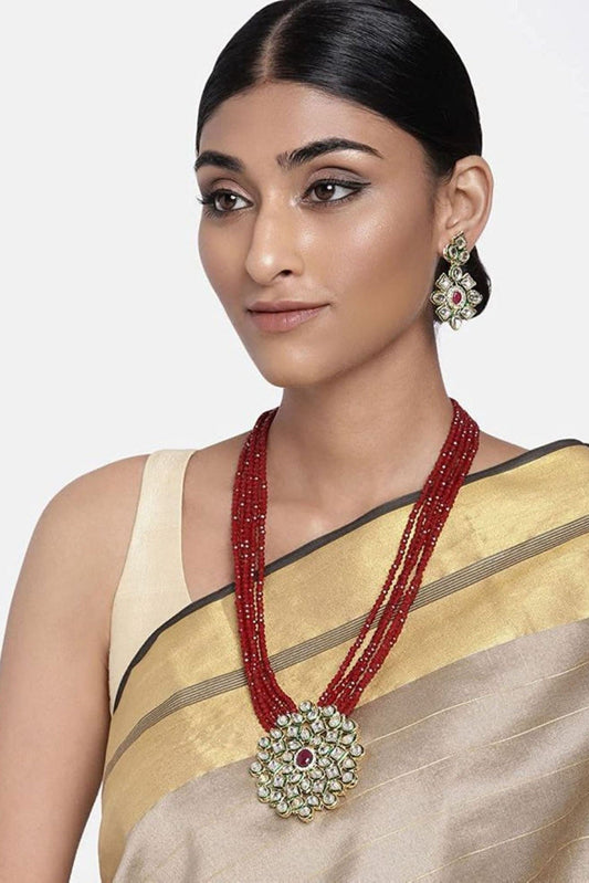 Red Beaded Kundan Necklace Set Styled on Model