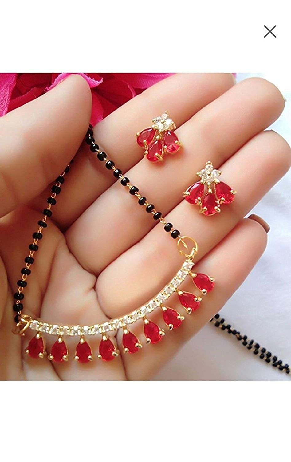 Red teardrop stone mangalsutra necklace and matching earrings