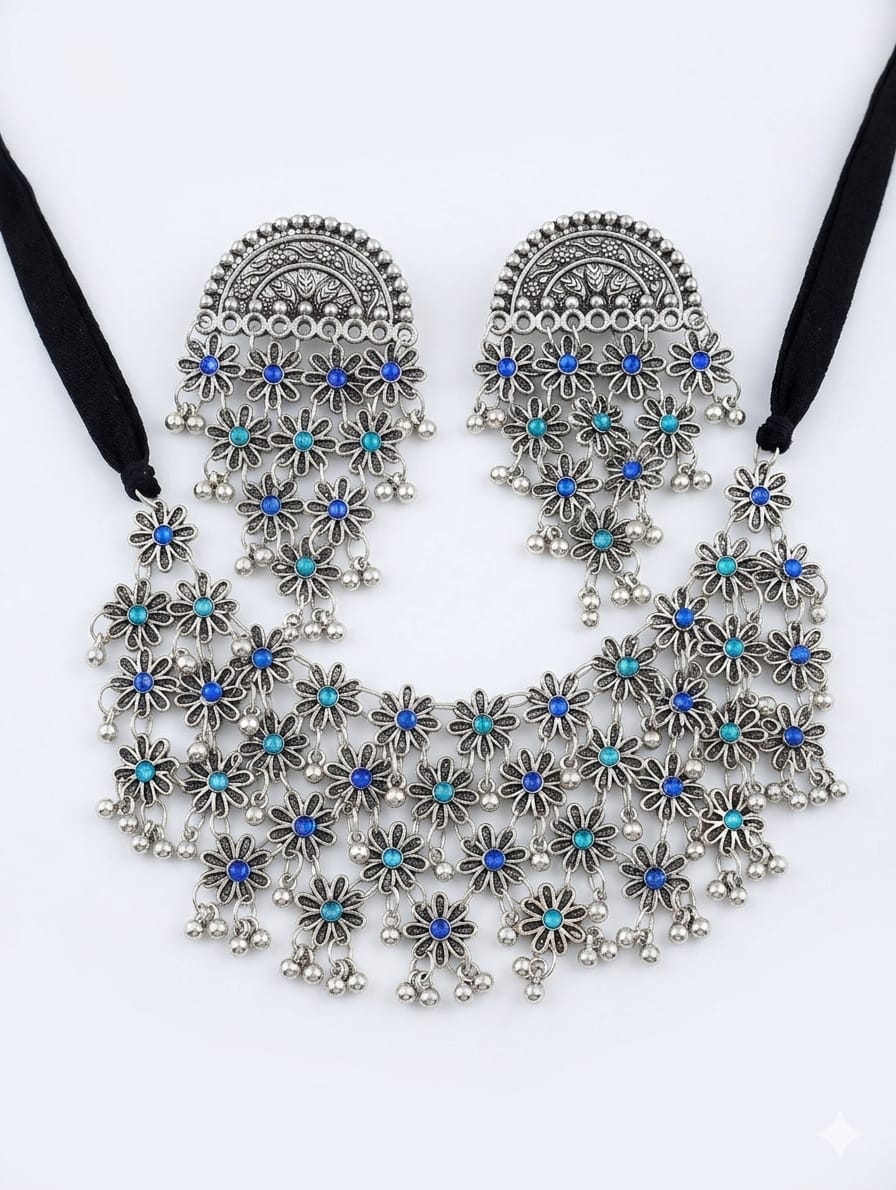 Blue and turquoise floral oxidised silver-tone necklace set close-up