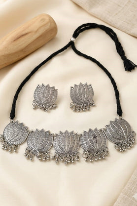 Silver oxidised lotus choker necklace set with matching earrings