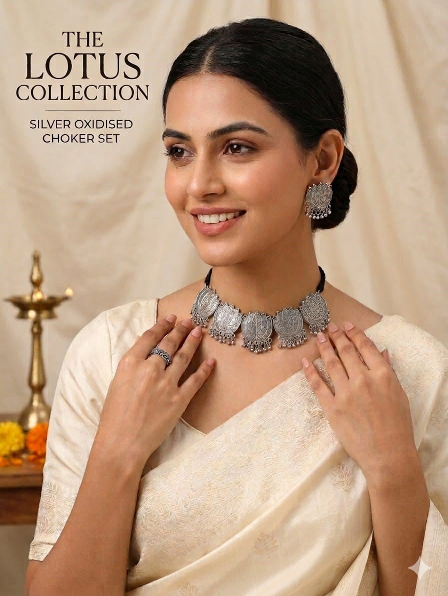 Silver oxidised lotus choker set close-up