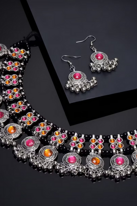 Black beaded oxidised multicolour necklace set with matching earrings