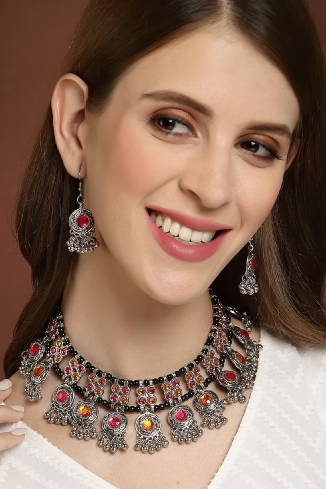 Black beaded oxidised multicolour necklace set styled on model