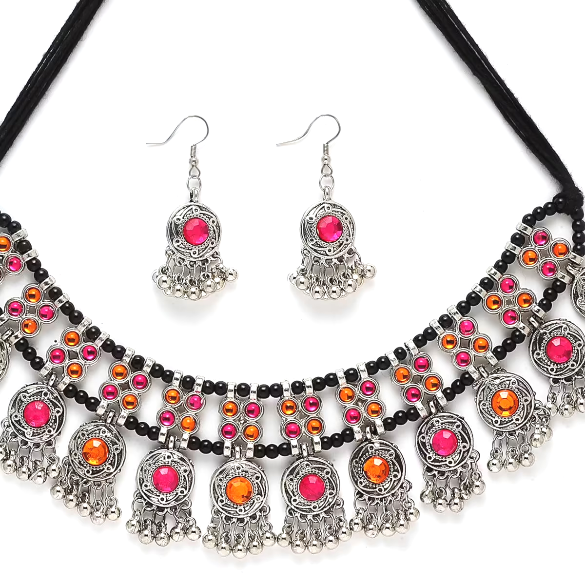 Oxidised silver-tone multicolour necklace set with pink and orange stones