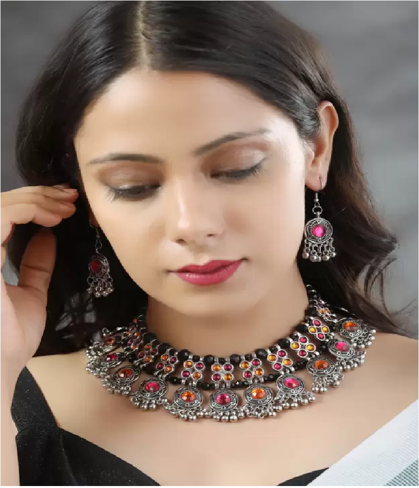 Black thread oxidised necklace and matching multicolour earrings