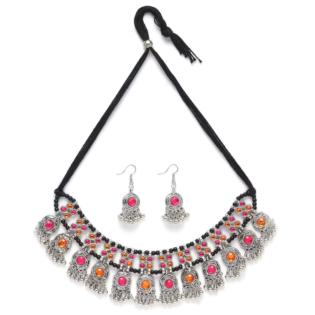 Detailed oxidised silver-tone necklace set with pink and orange stones