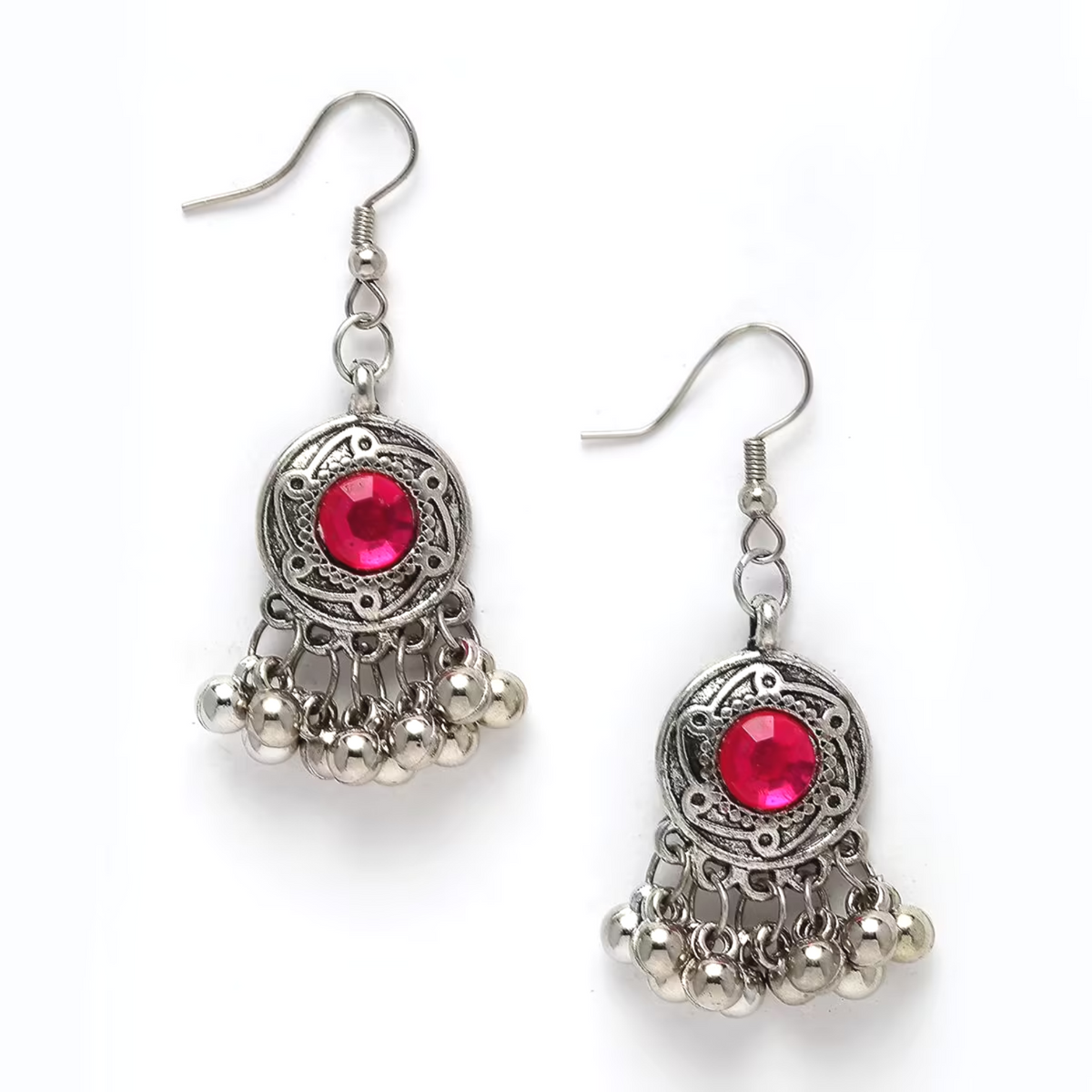 Pink stone oxidised silver-tone drop earrings from necklace set