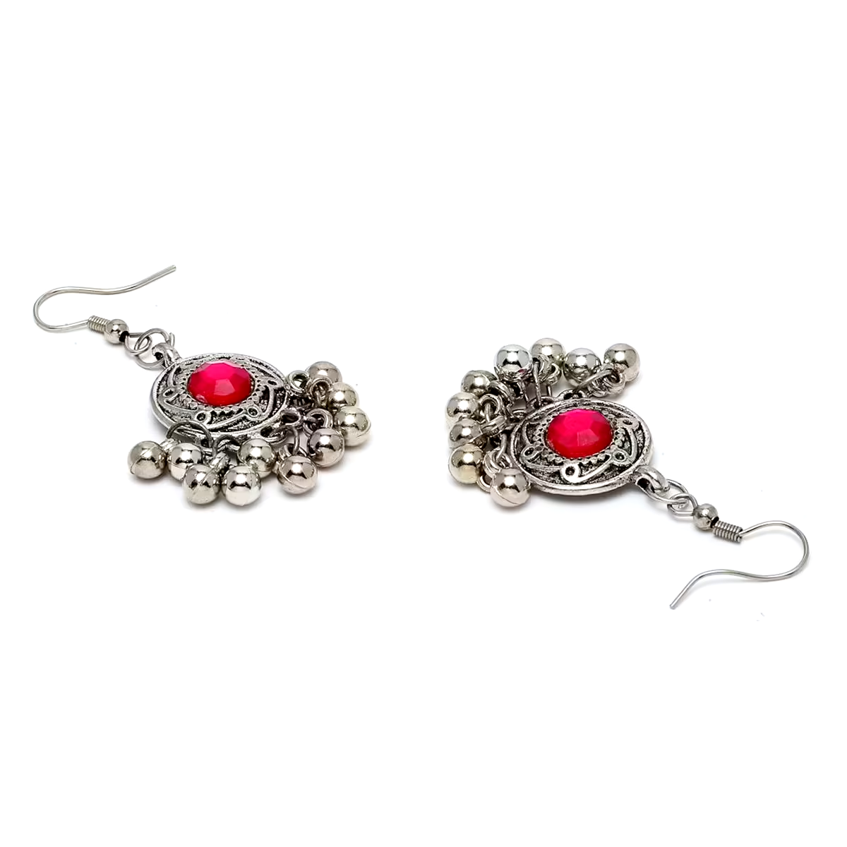 Close-up of pink gemstone oxidised silver-tone jhumka-style earrings
