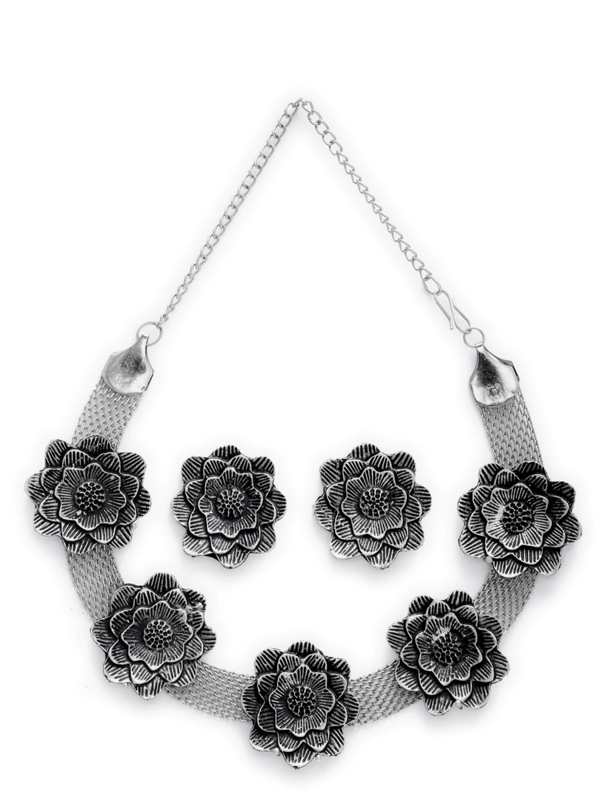 Oxidised silver-tone floral necklace and stud earrings set