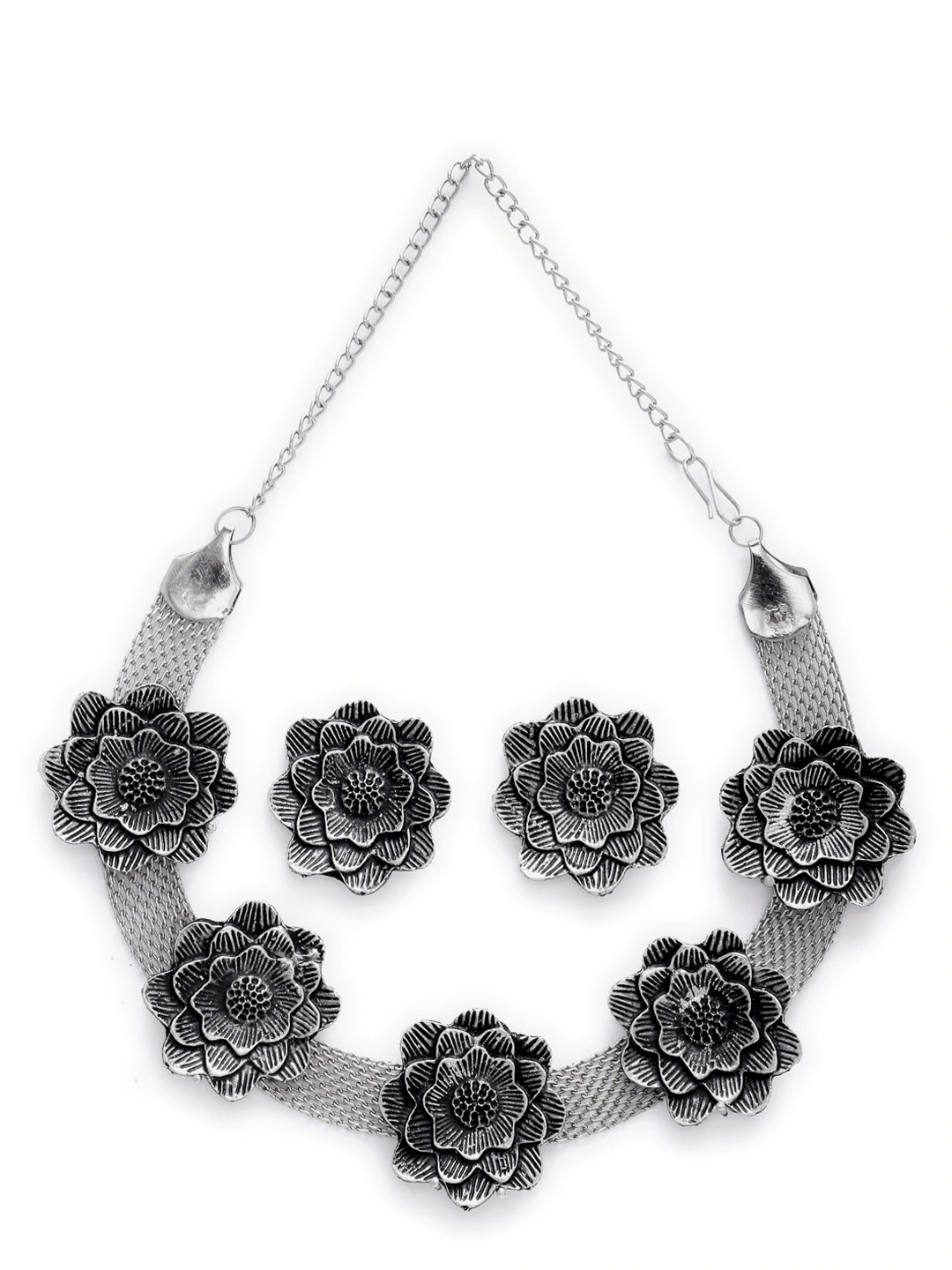 Detailed oxidised silver-tone flower stud earrings
