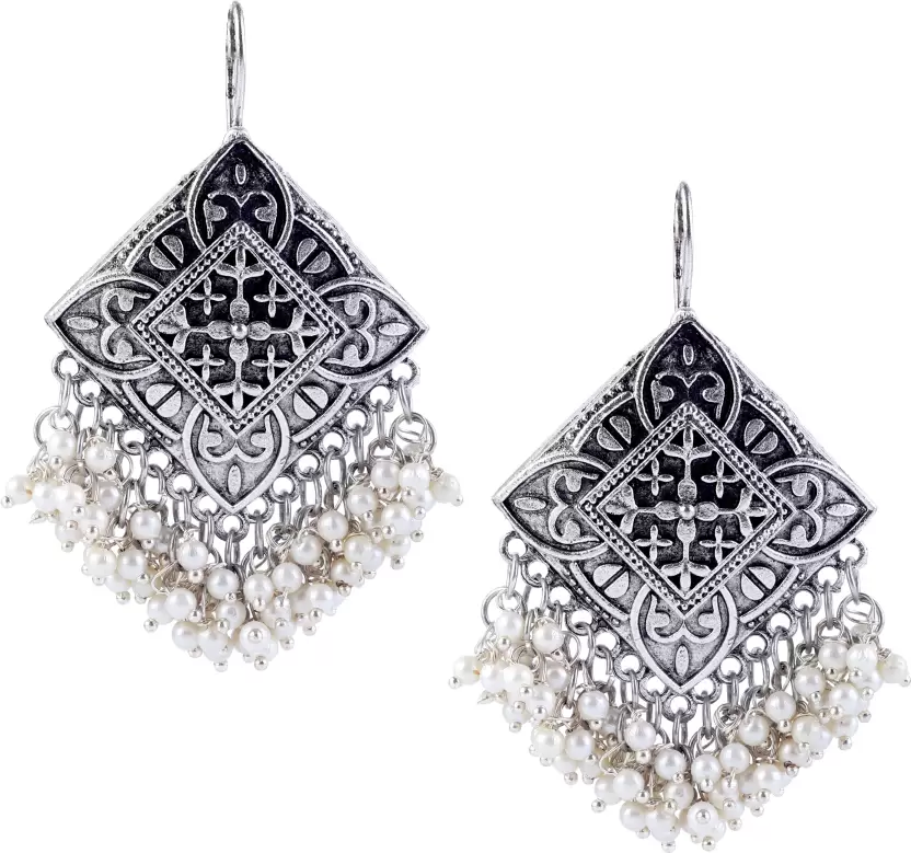 Pair of oxidised silver-tone geometric pearl tassel earrings