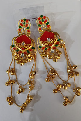 Red and green traditional long jhumka earrings
