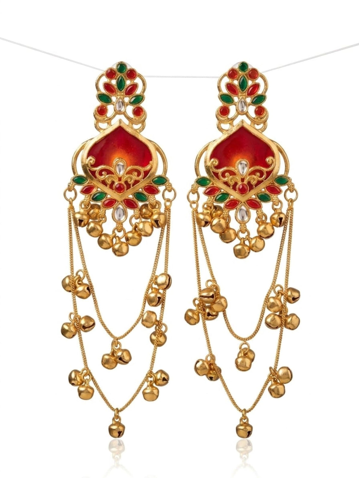 Red and green traditional long jhumka earrings product view