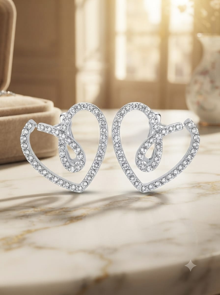 Crystal-pave heart earrings on orange background