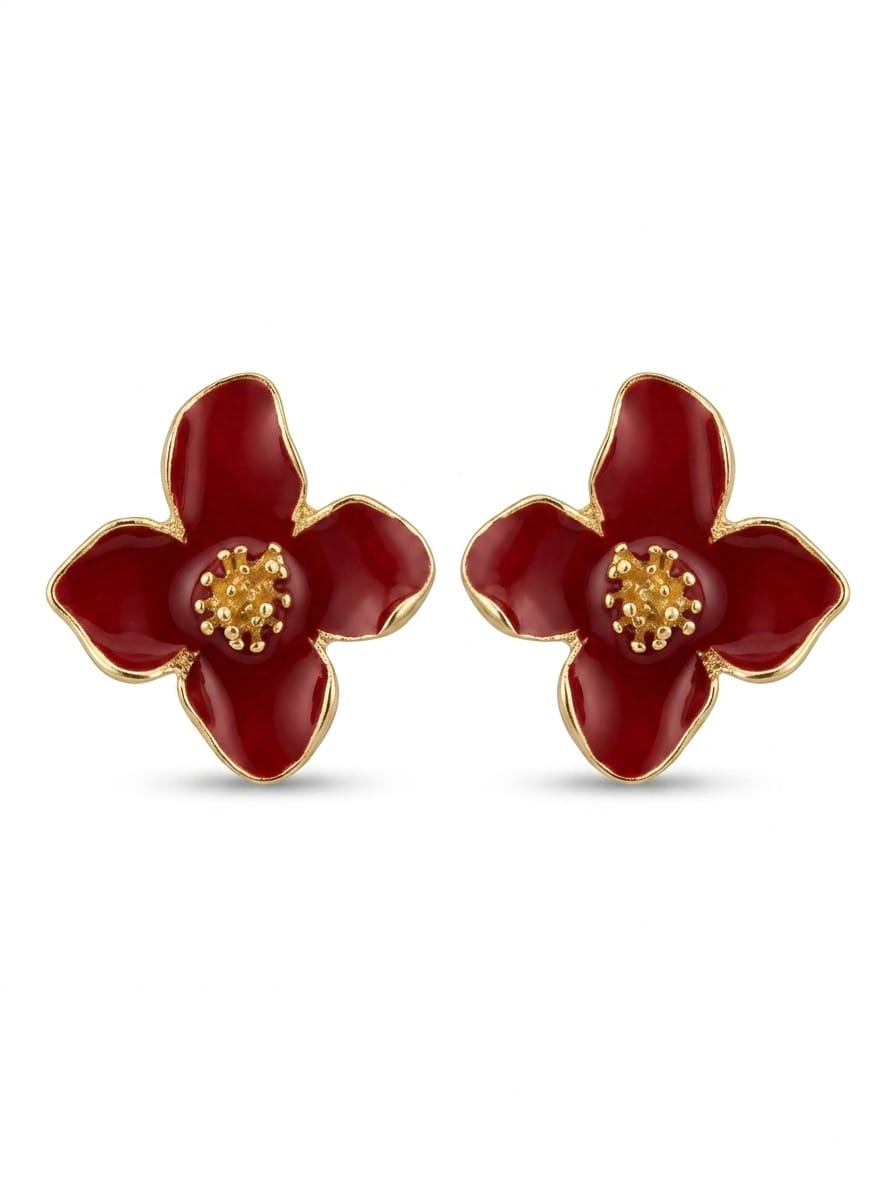 Red four-petal flower stud earrings with gold-tone border and beaded center