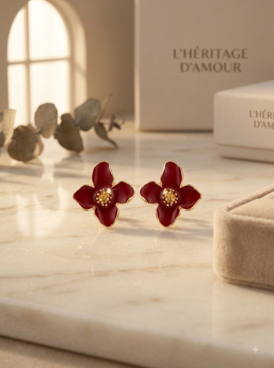 Pair of red flower stud earrings on jewellery card
