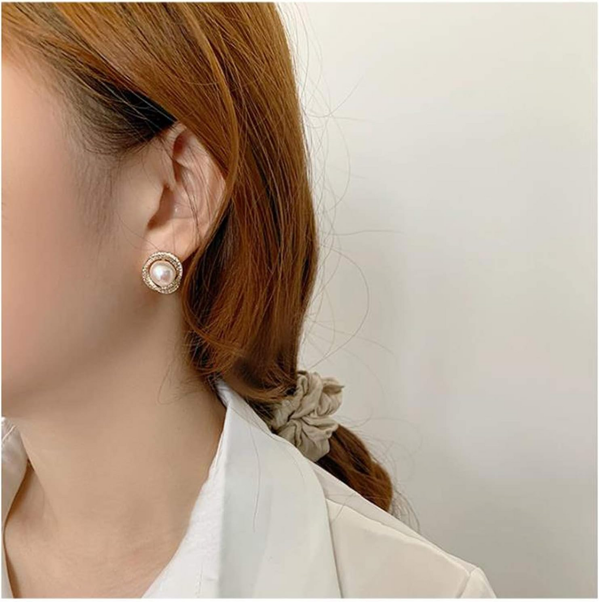 Pearl crystal stud earrings side view