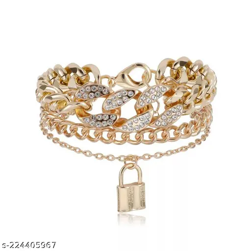 Gold-tone layered bracelet with crystal leaf links and lock charm