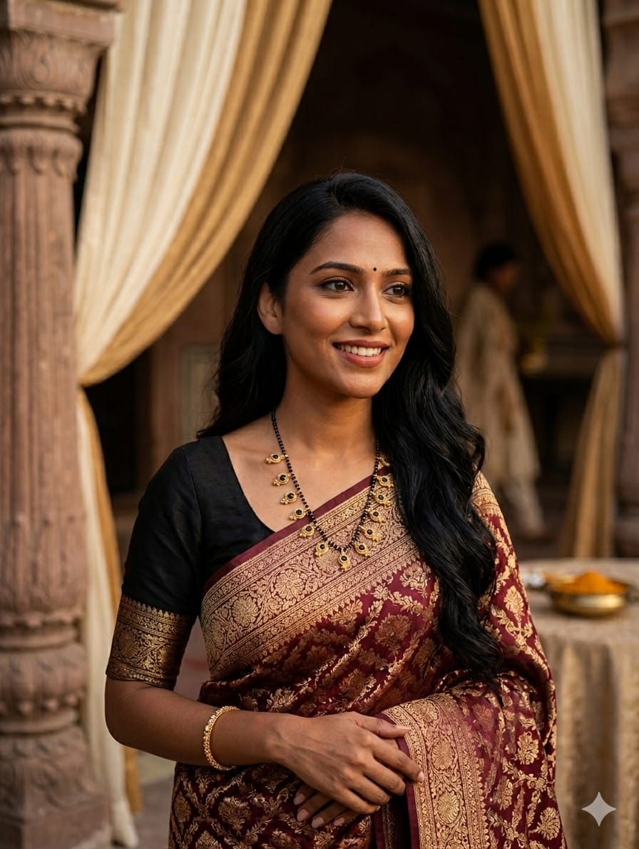 Black bead mangalsutra worn with traditional saree