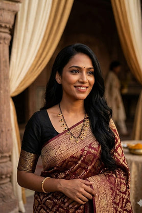 Black bead mangalsutra worn with traditional saree