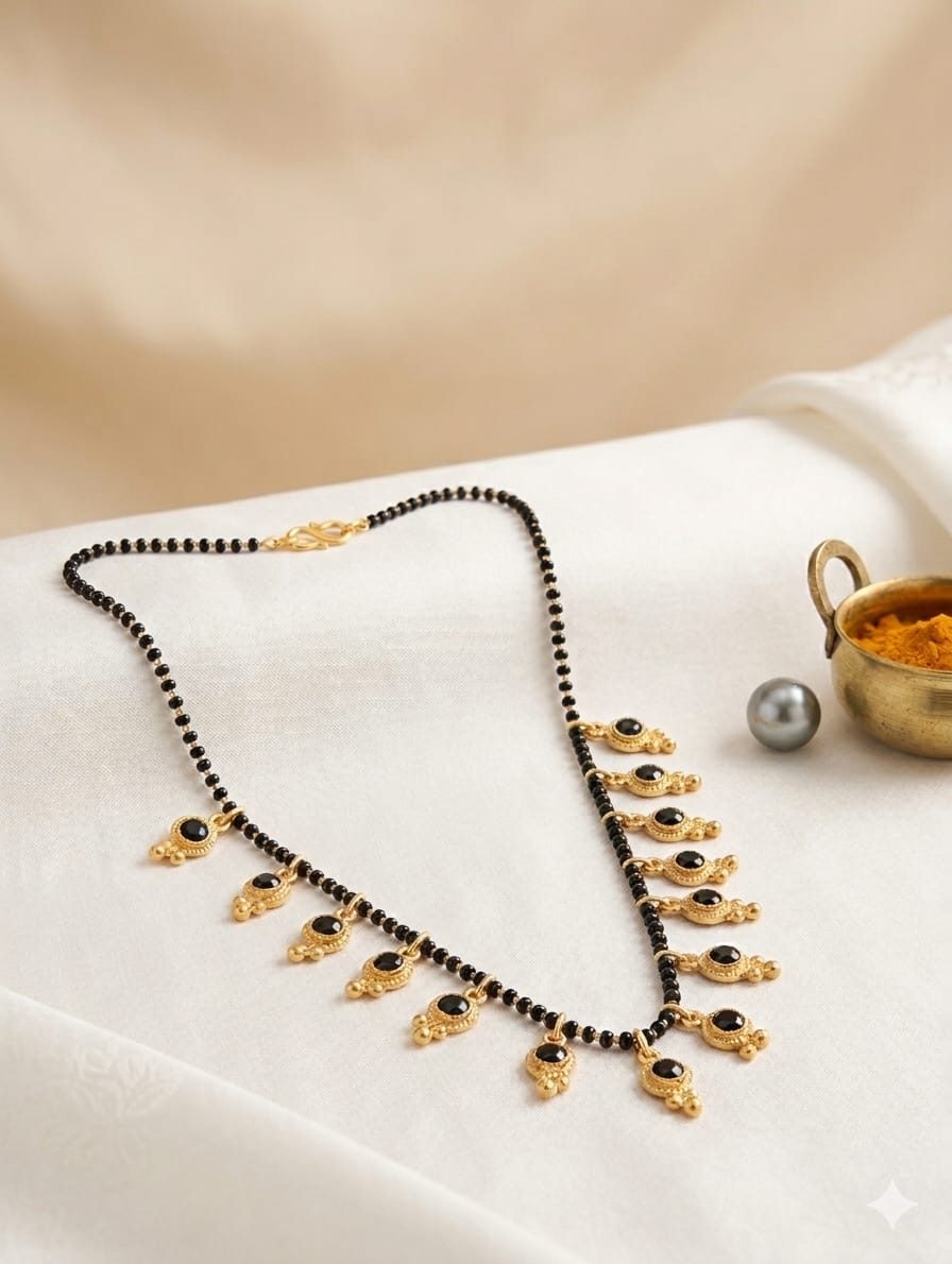Black bead mangalsutra with gold-tone oval charms