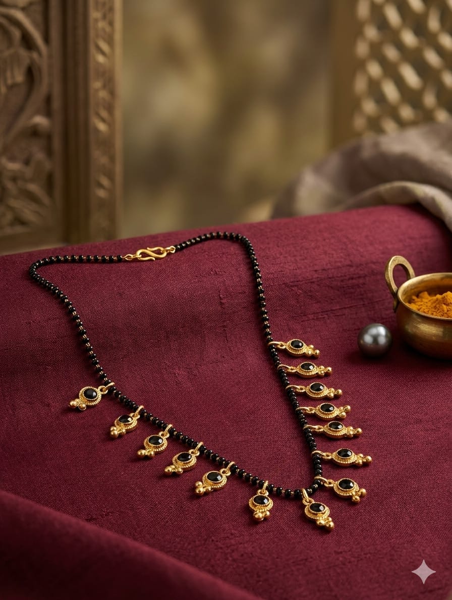 Black bead mangalsutra on maroon fabric