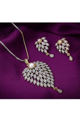 Pearl Leaf Crystal Necklace Set with Matching Earrings