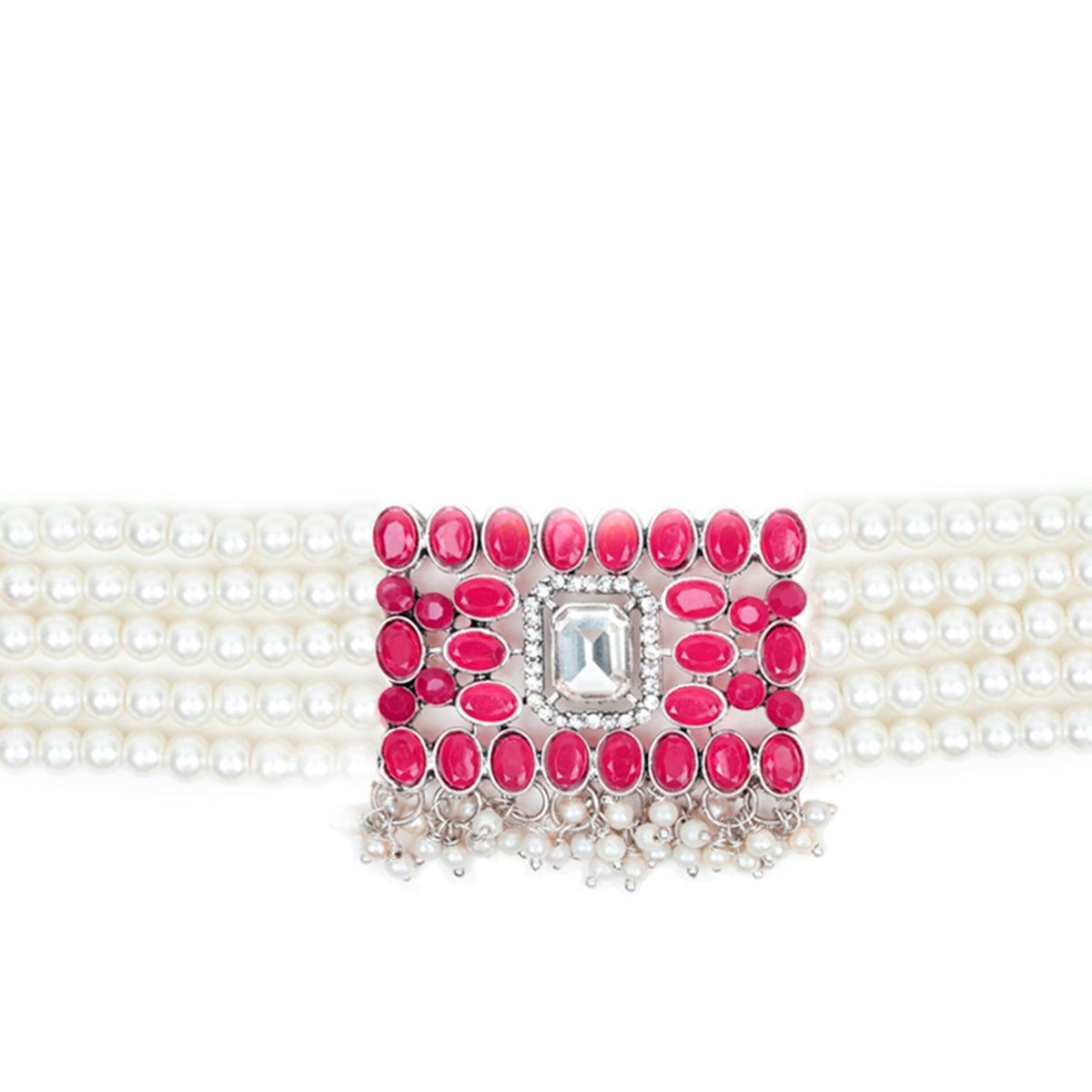 Pink stone pearl choker jewellery set front view