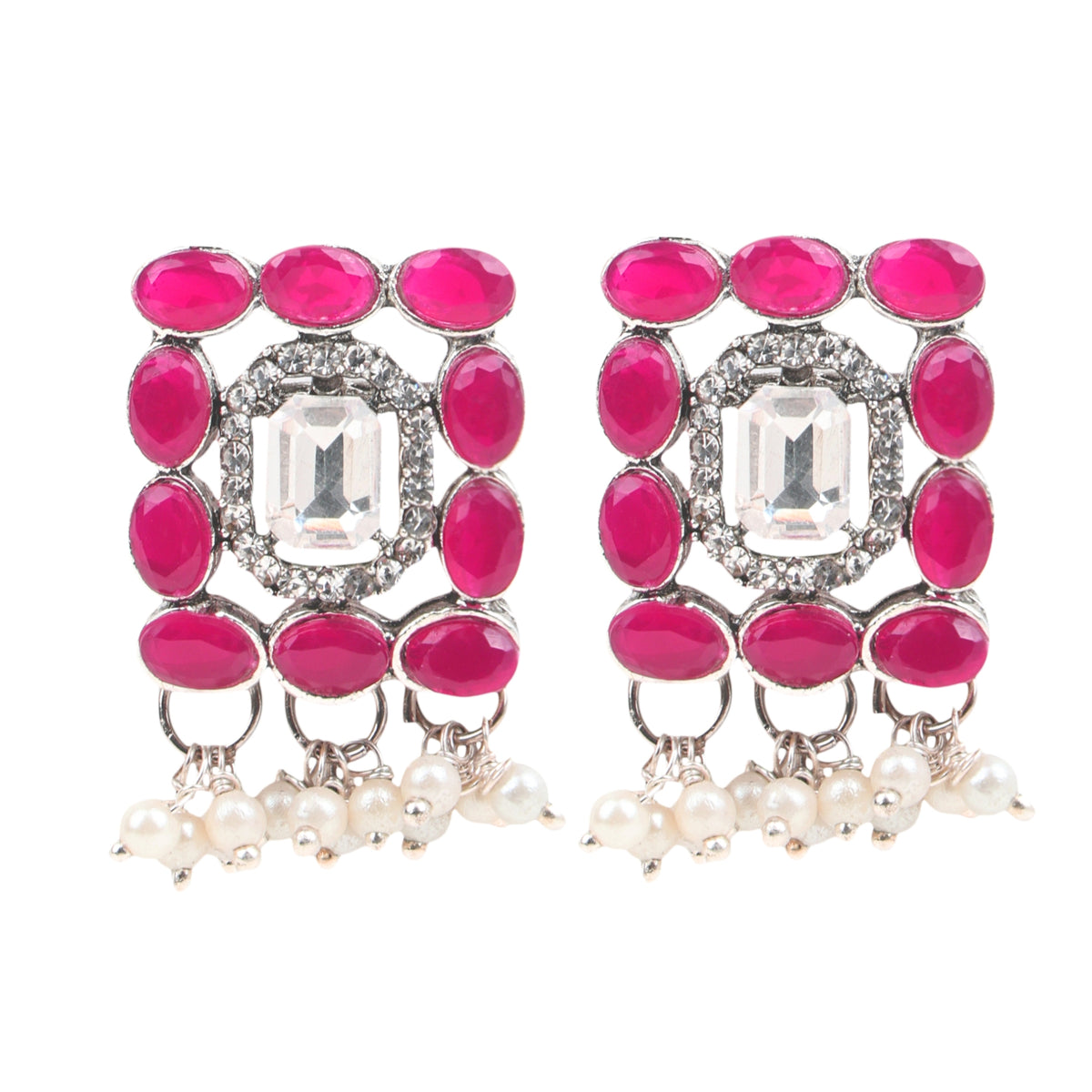 Pink stone pearl choker worn with matching earrings