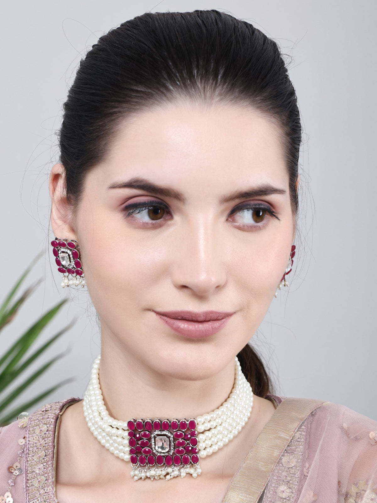Pink stone statement earrings with pearl drops