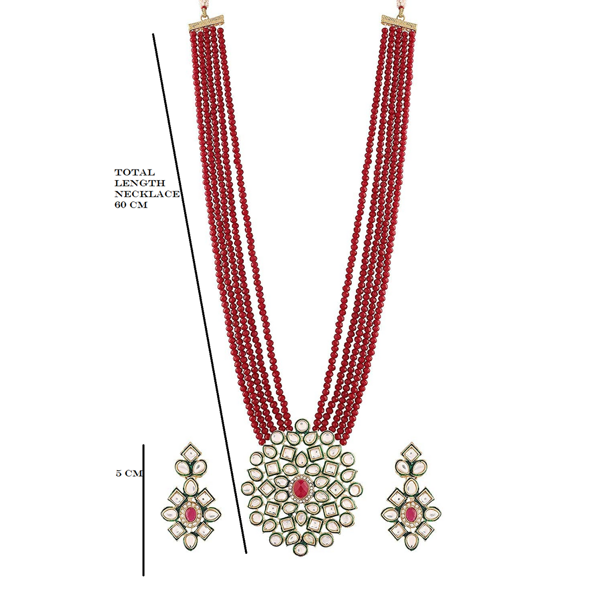 Red beaded necklace set with statement pendant and matching earrings