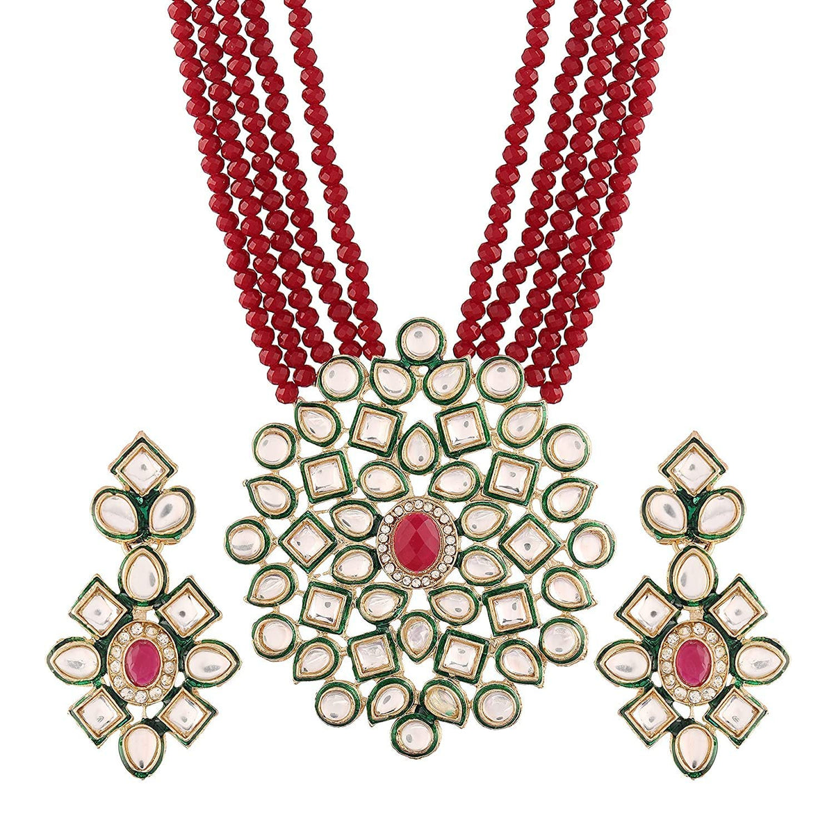 Red beaded necklace set with floral-inspired statement pendant and earrings