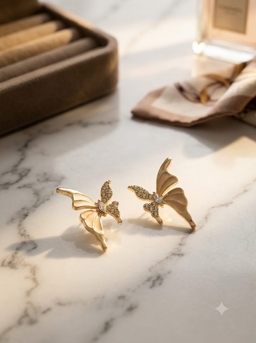 Gold-tone butterfly earrings displayed on a jewelry surface