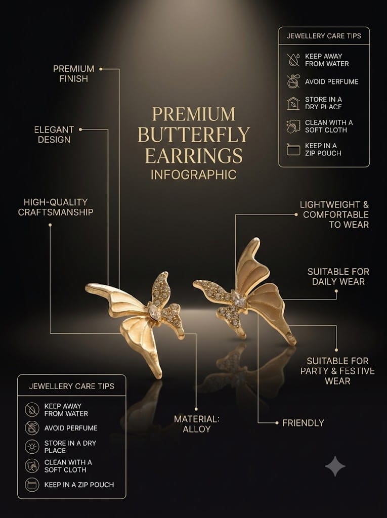 Premium butterfly earrings product infographic with care tips